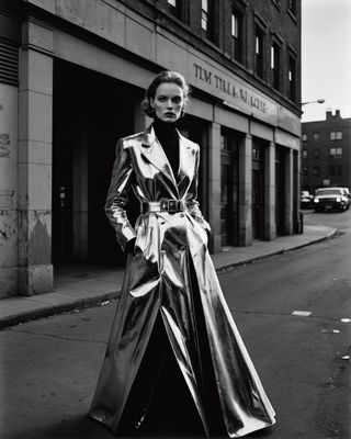 a woman in a trench coat is standing on the street