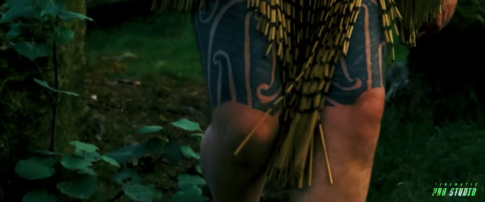 a woman in a hula skirt holding a bunch of grass