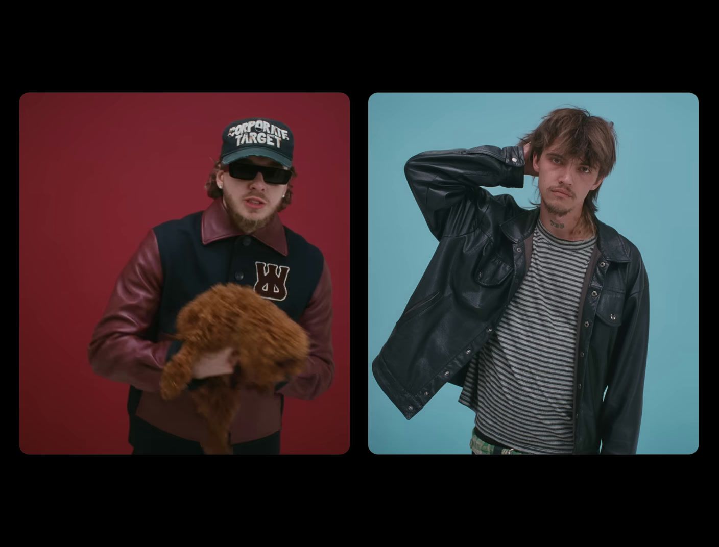 a man in a leather jacket holding a teddy bear