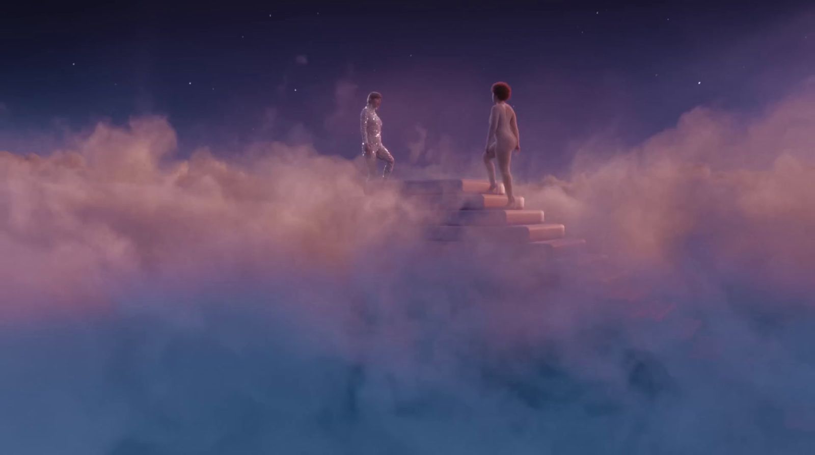 two people standing on steps in the clouds