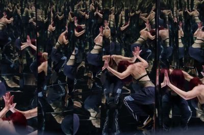 a series of photos of a woman dancing in front of a mirror