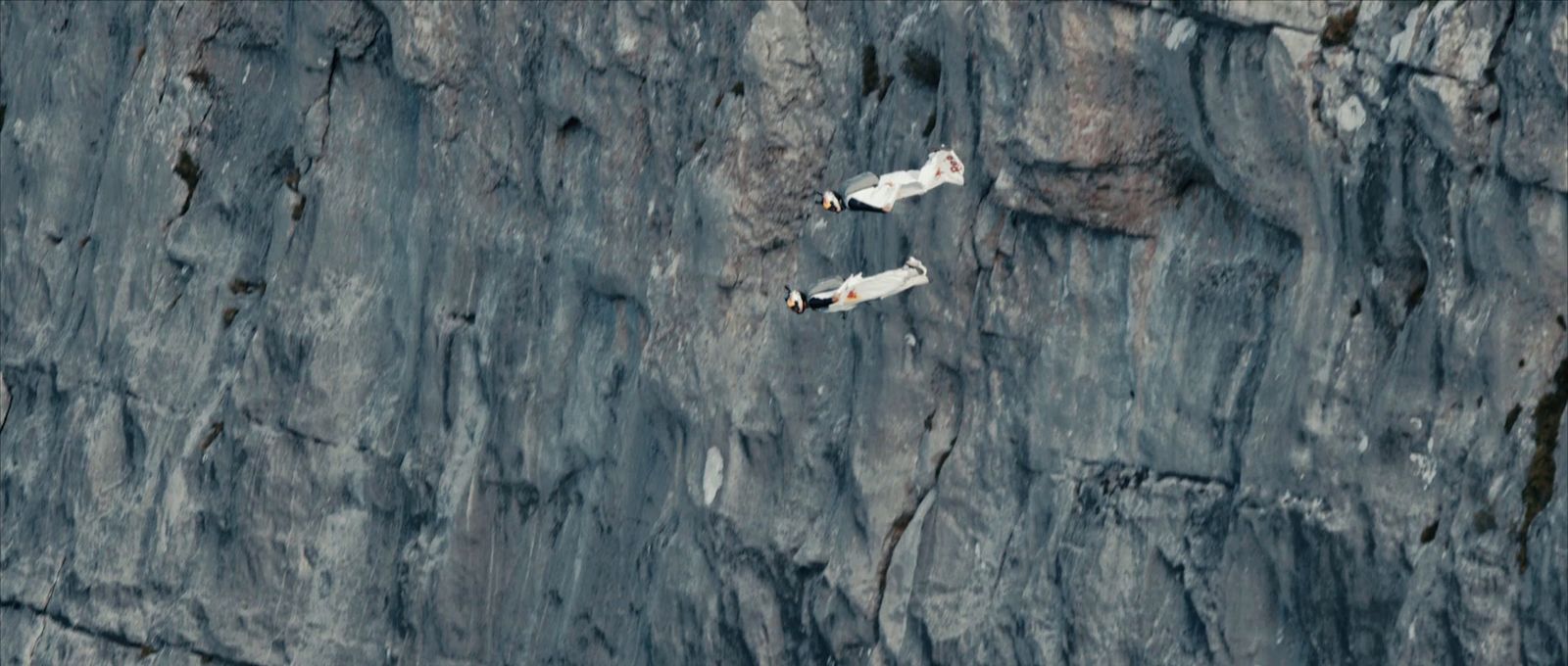 two white birds flying over a rocky cliff