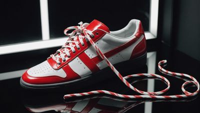 a pair of red and white sneakers on a reflective surface