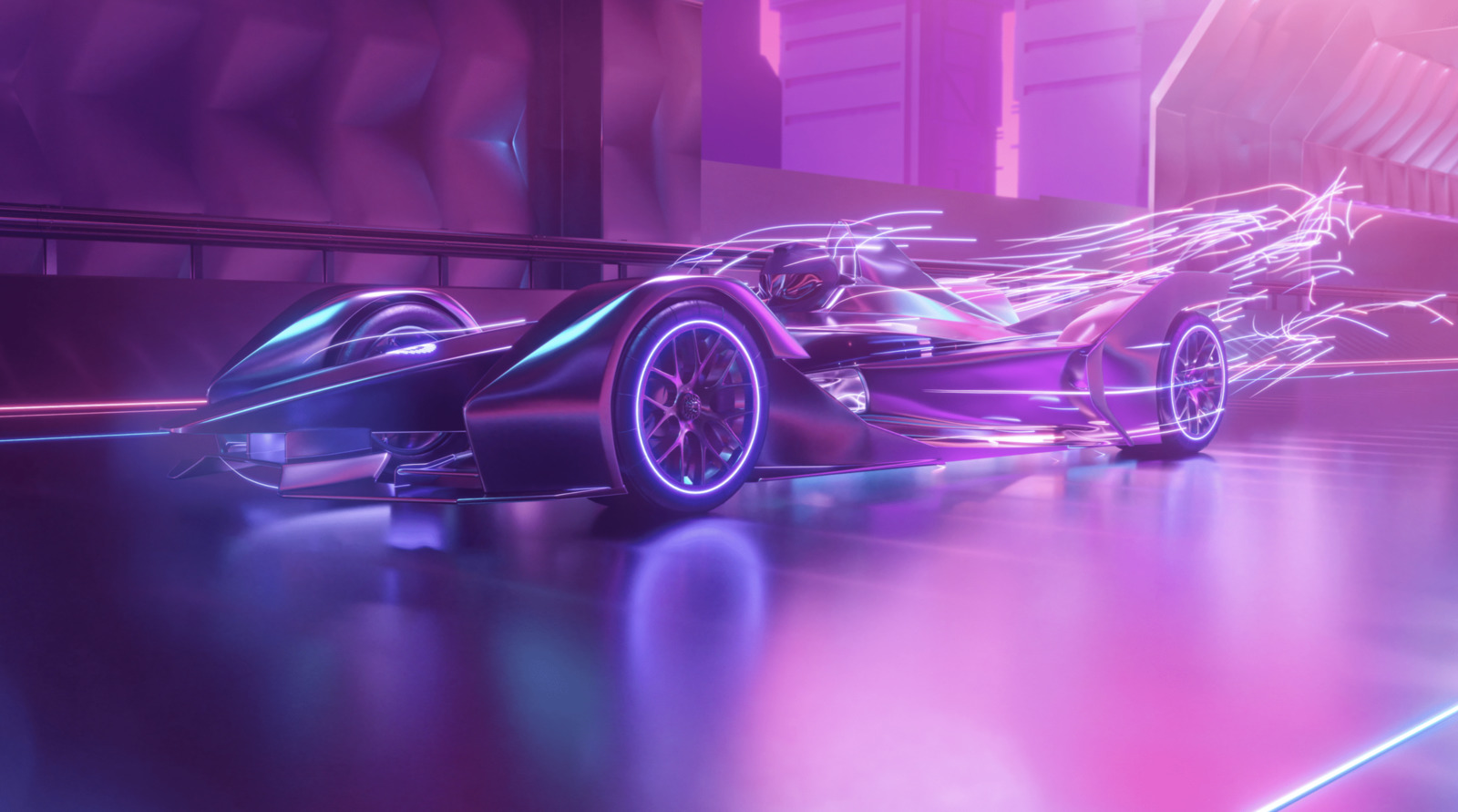 a futuristic race car driving through a futuristic city