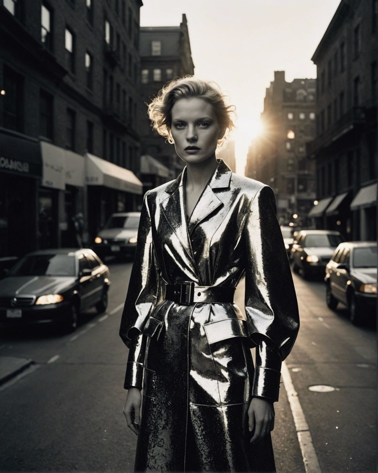 a woman in a shiny coat is standing on the street