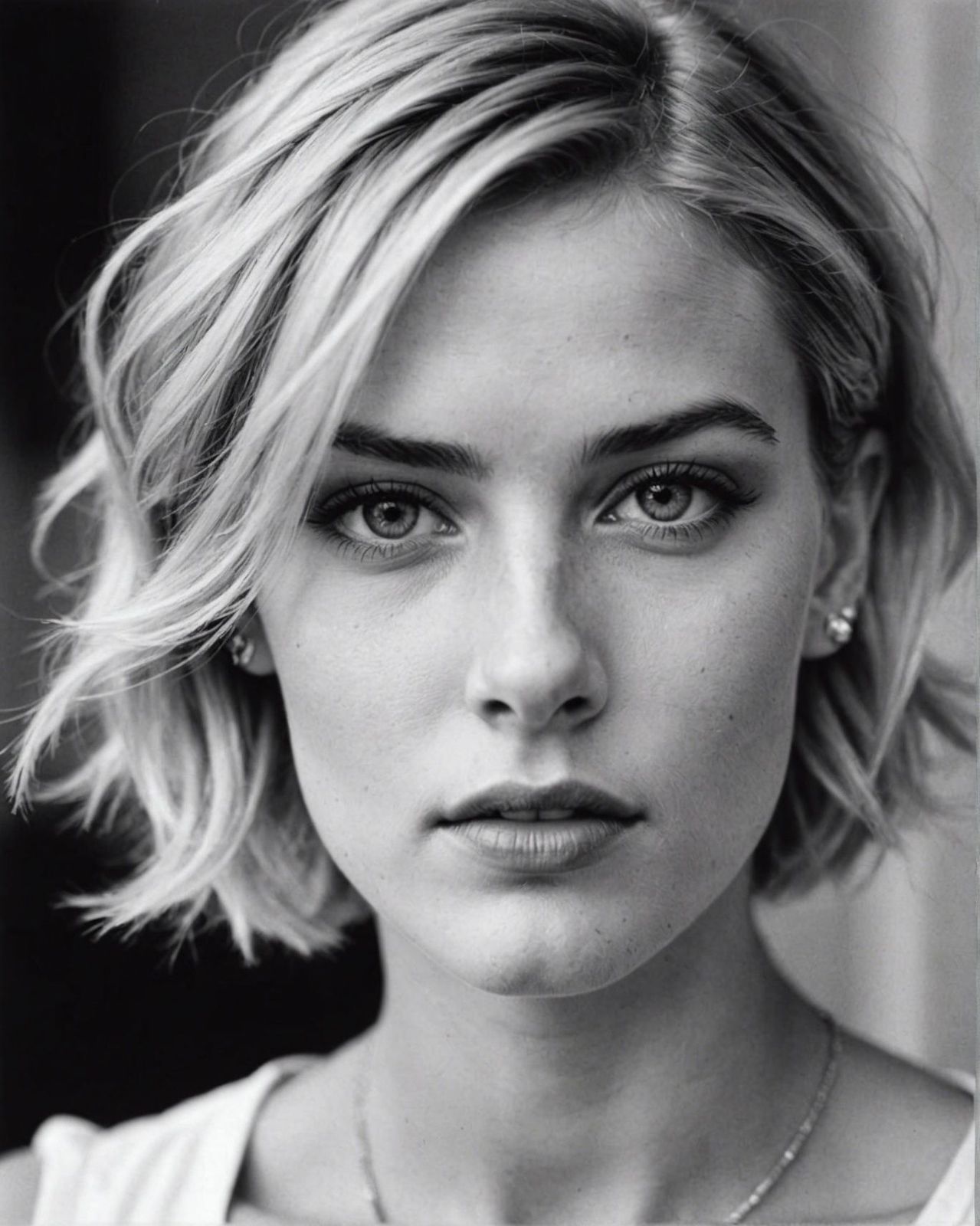 a black and white photo of a woman with short hair