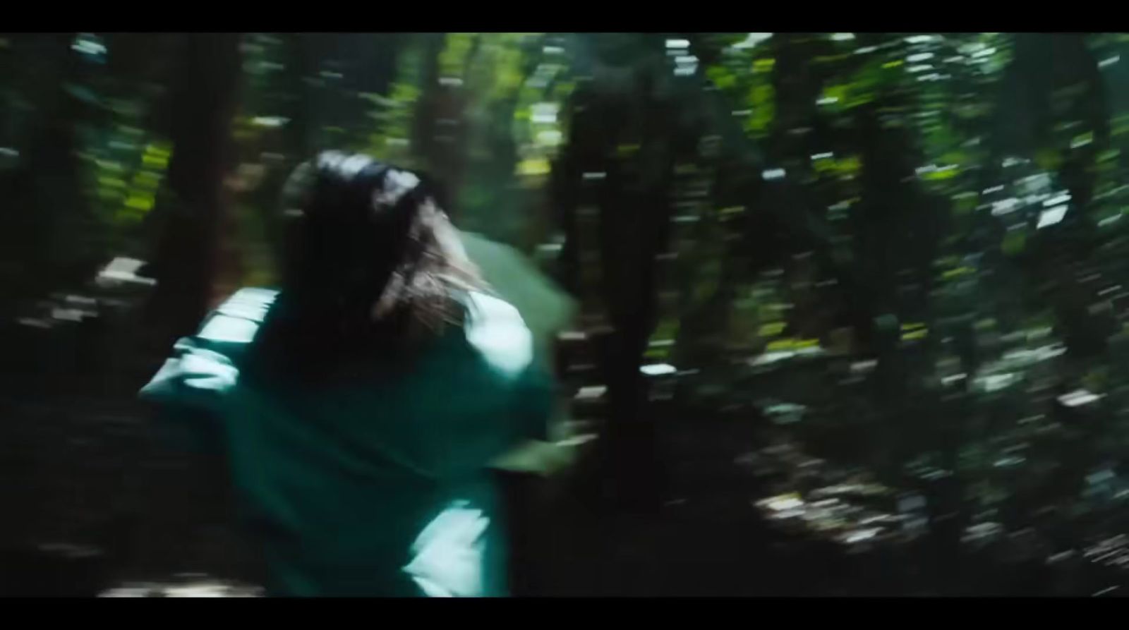 a blurry photo of a woman walking through a forest