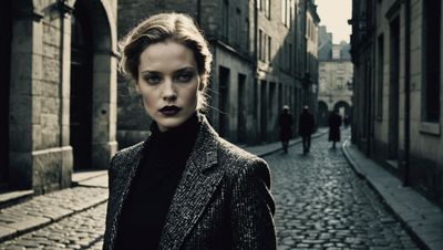 a woman standing on a cobblestone street