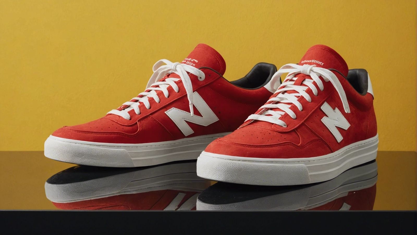 a pair of red and white shoes sitting on top of a table