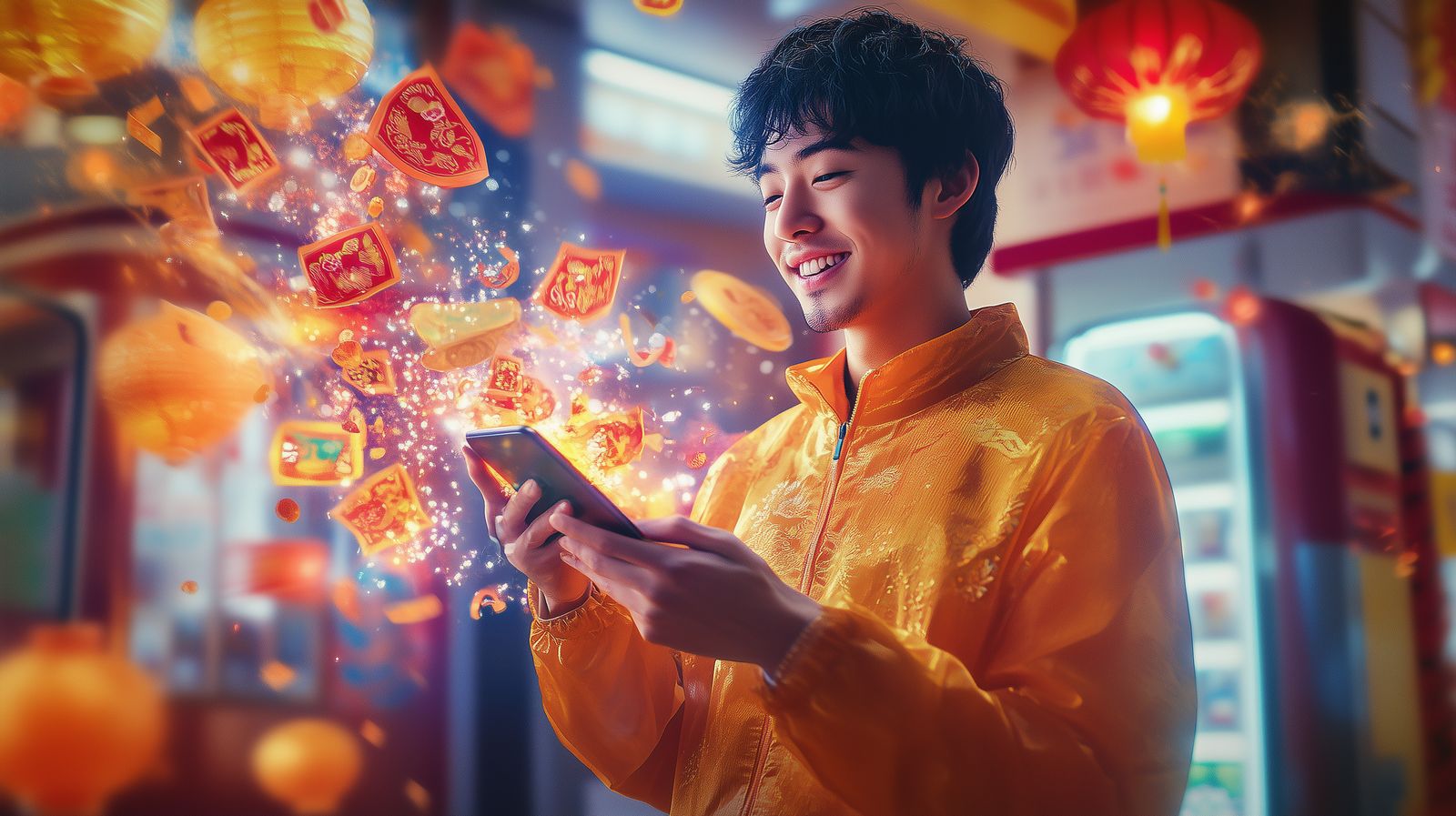 a man in a yellow shirt holding a smart phone