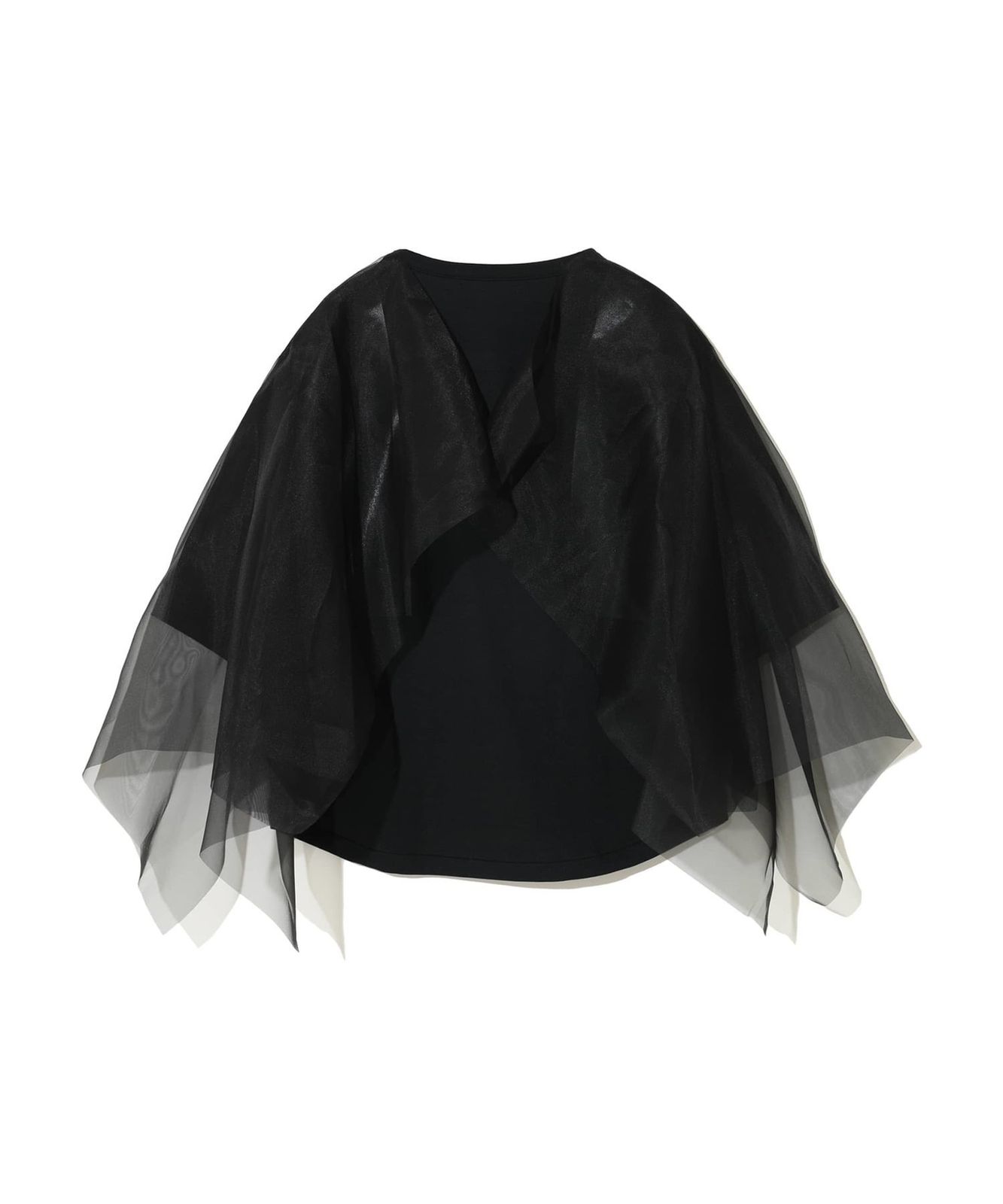 a black top with sheer sleeves on a white background