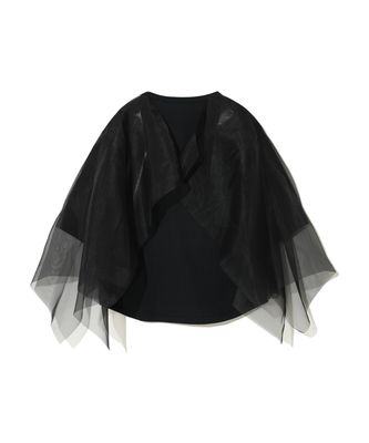 a black top with sheer sleeves on a white background