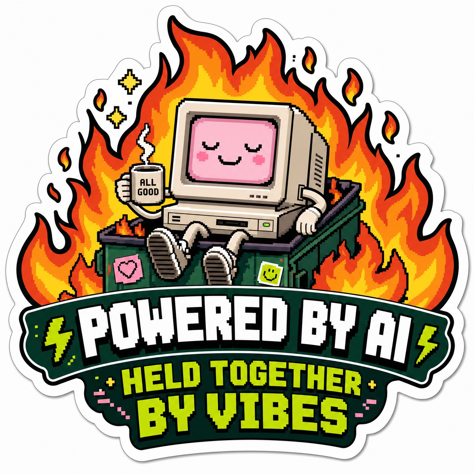 a sticker that says powered by ai held together by vibes