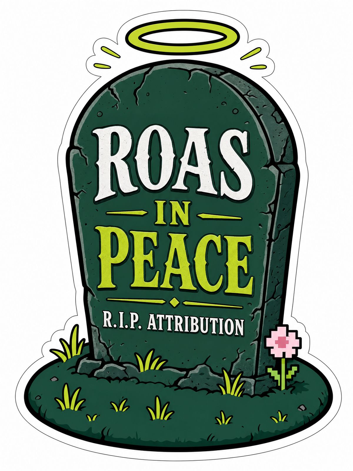 a sticker of a grave with a halo above it