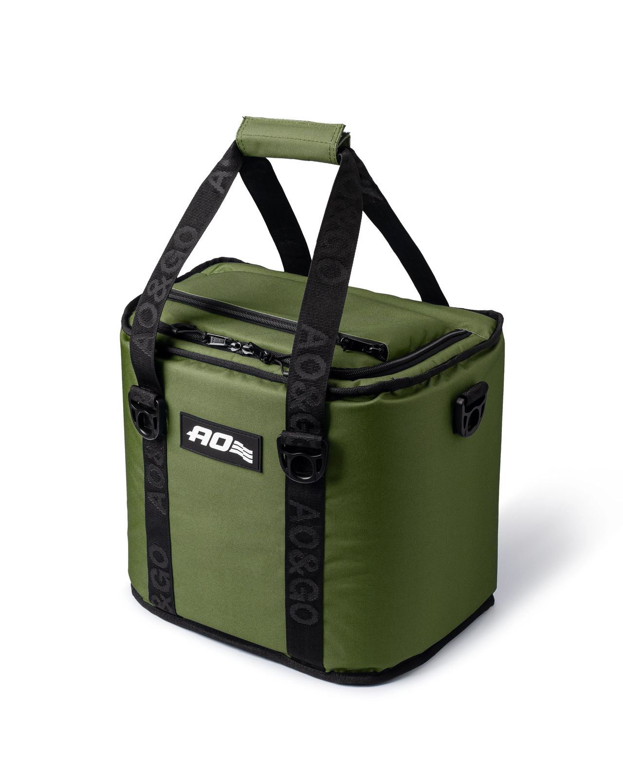 a green cooler bag with a black handle