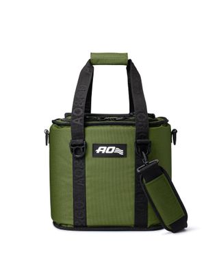 a green cooler bag with a black strap