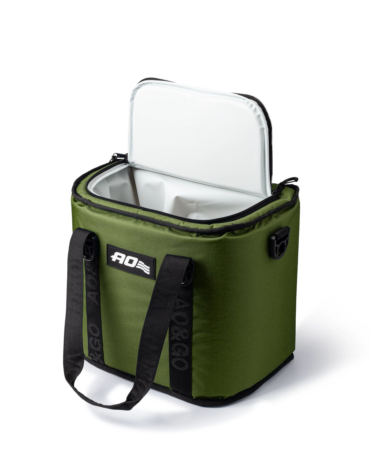 a green cooler bag with a black strap
