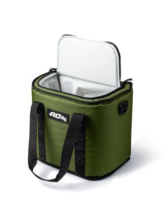 a green cooler bag with a black strap