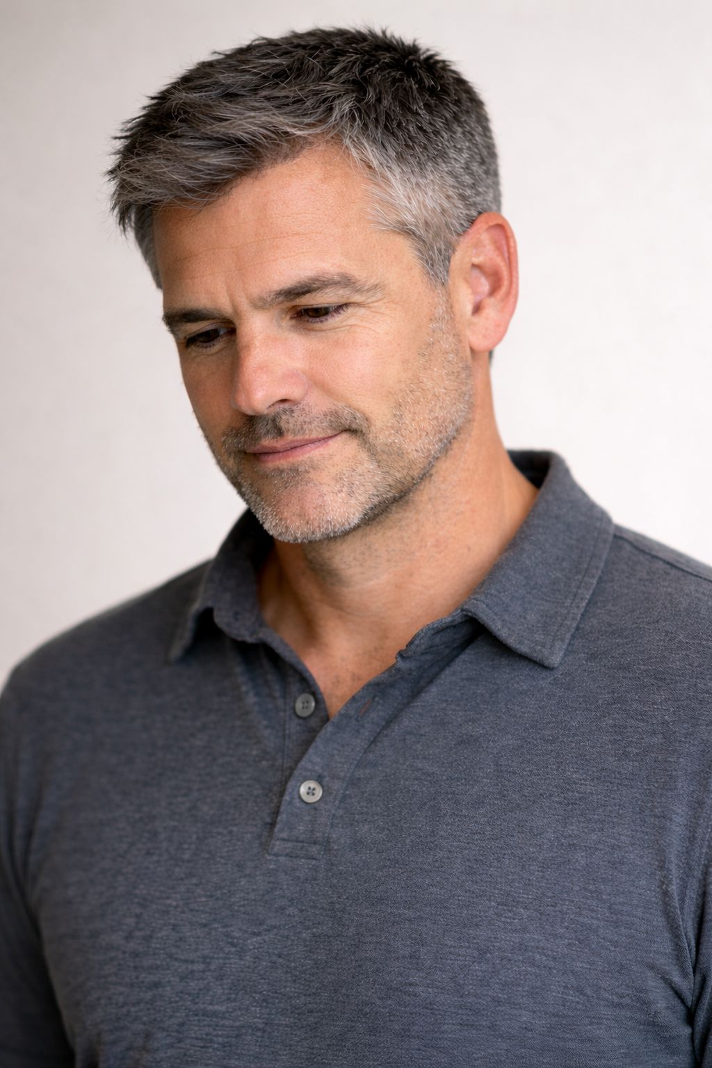 a man with grey hair and a blue shirt