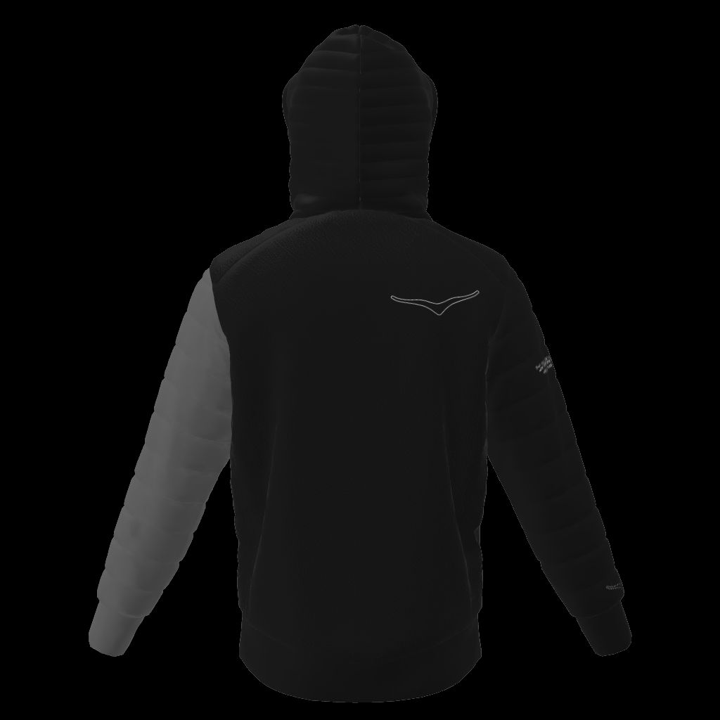 a black and grey hoodie with a hoodie on it