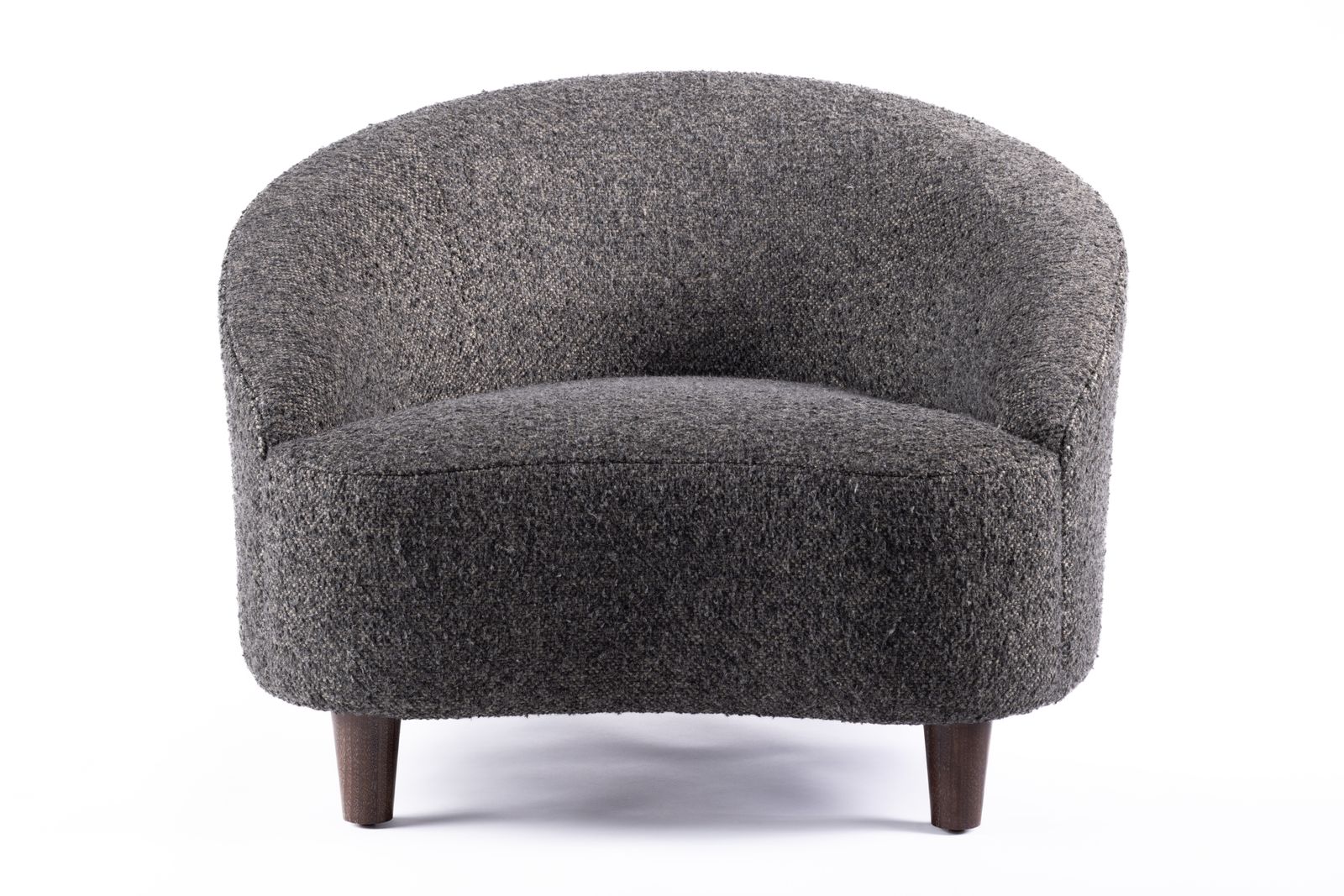 a gray chair with wooden legs and a black seat