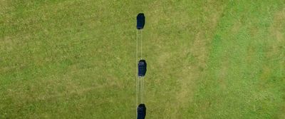 two black umbrellas in the middle of a grassy field