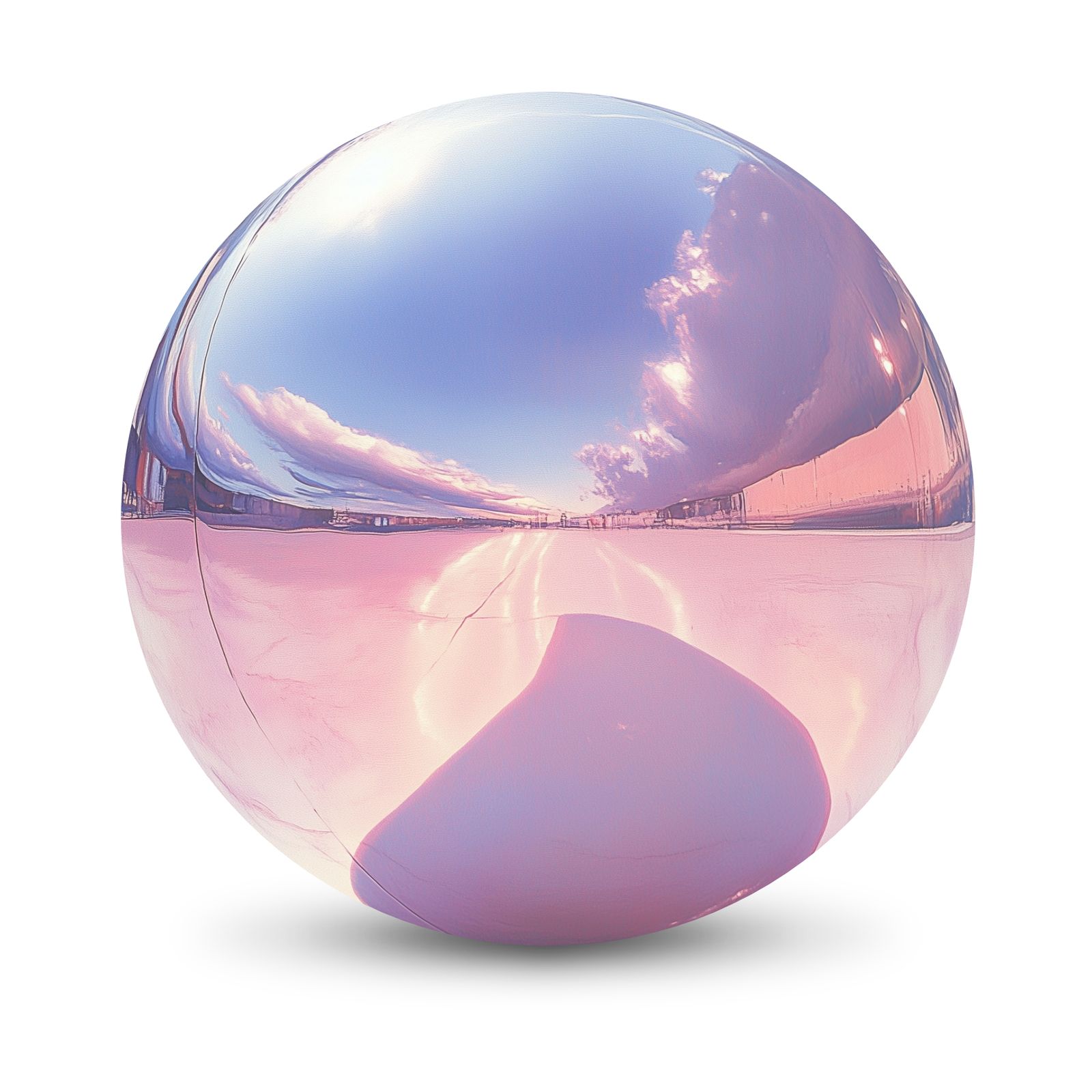 a glass ball with a reflection of a sky and clouds