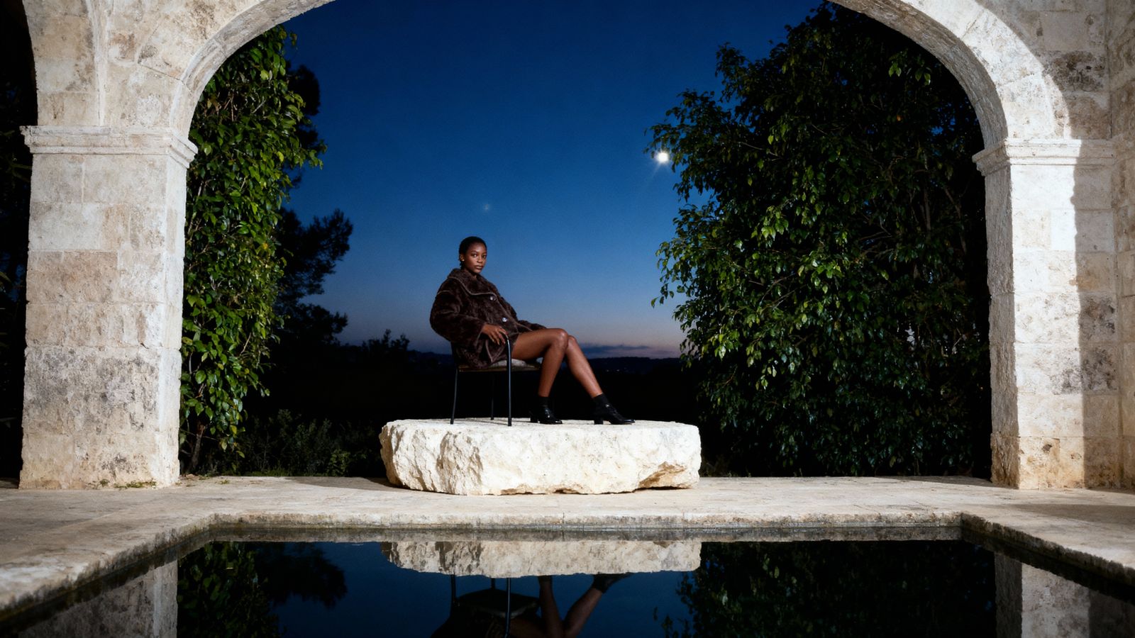 a man sitting on a rock in front of a pool
