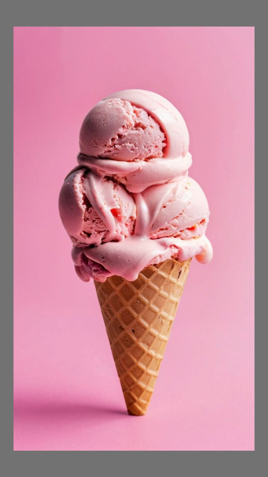 three scoops of ice cream in a cone on a pink background