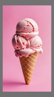 three scoops of ice cream in a cone on a pink background