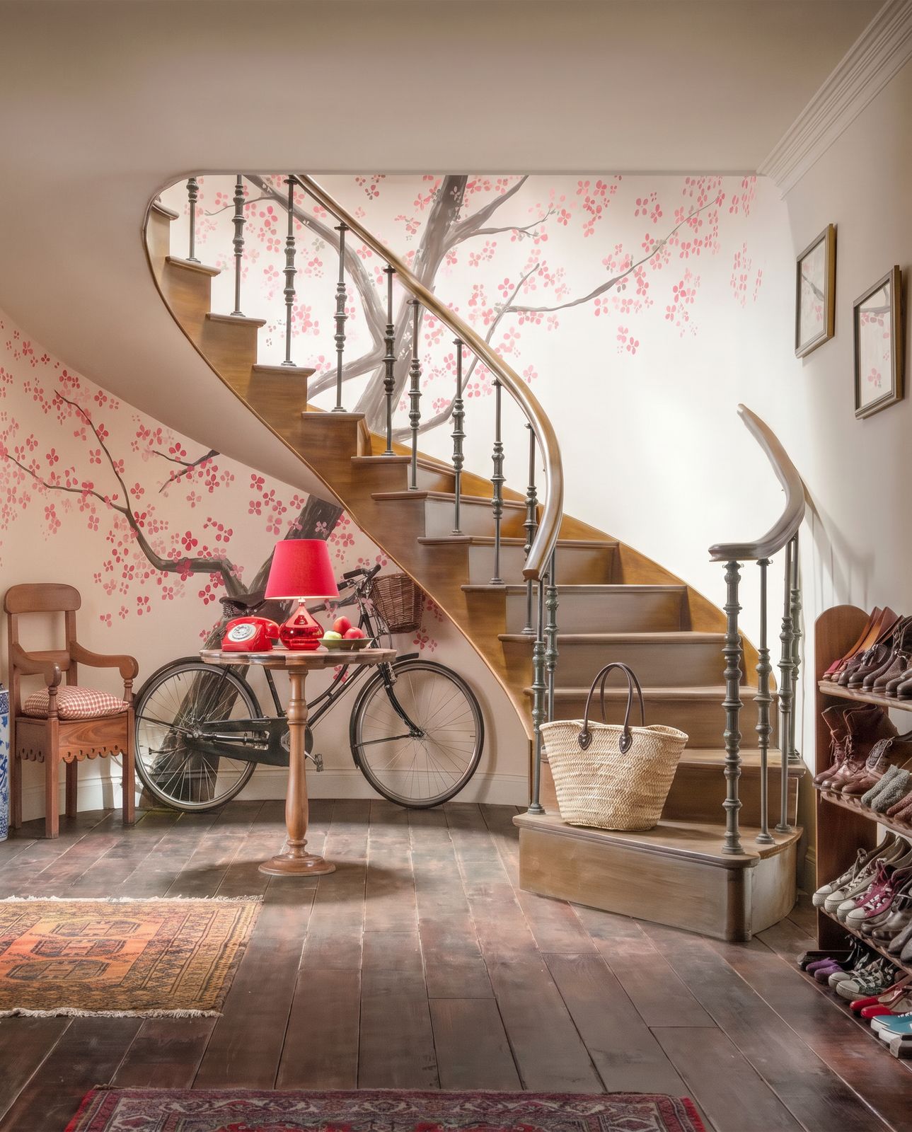 a room with a staircase and a table with a lamp