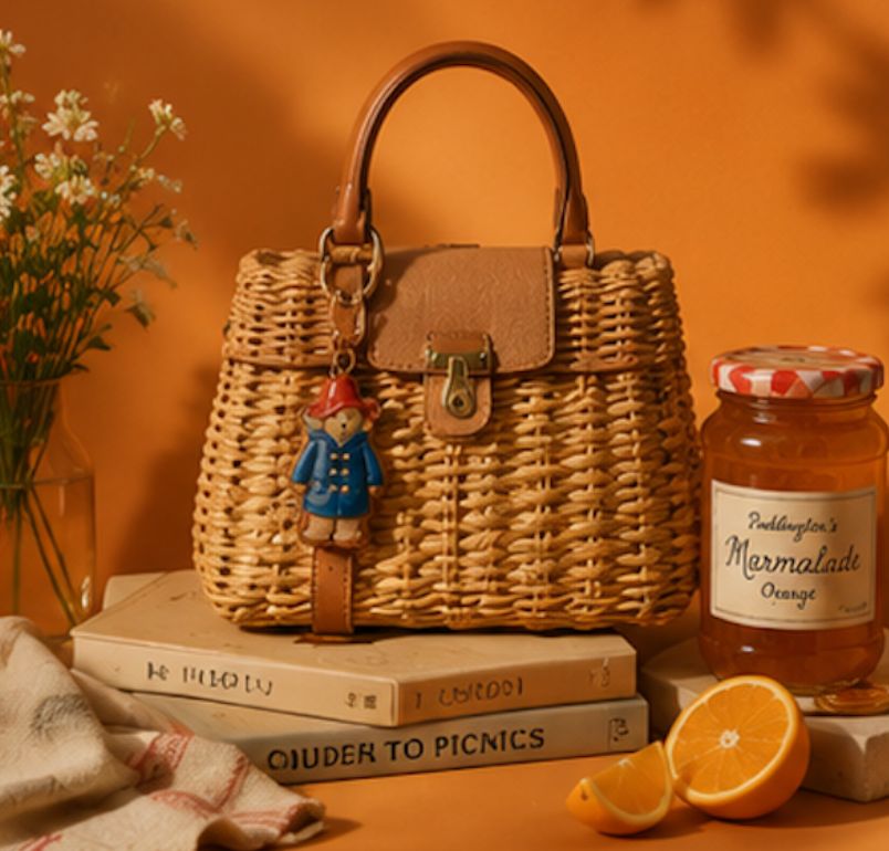 a wicker purse sitting on top of a stack of books