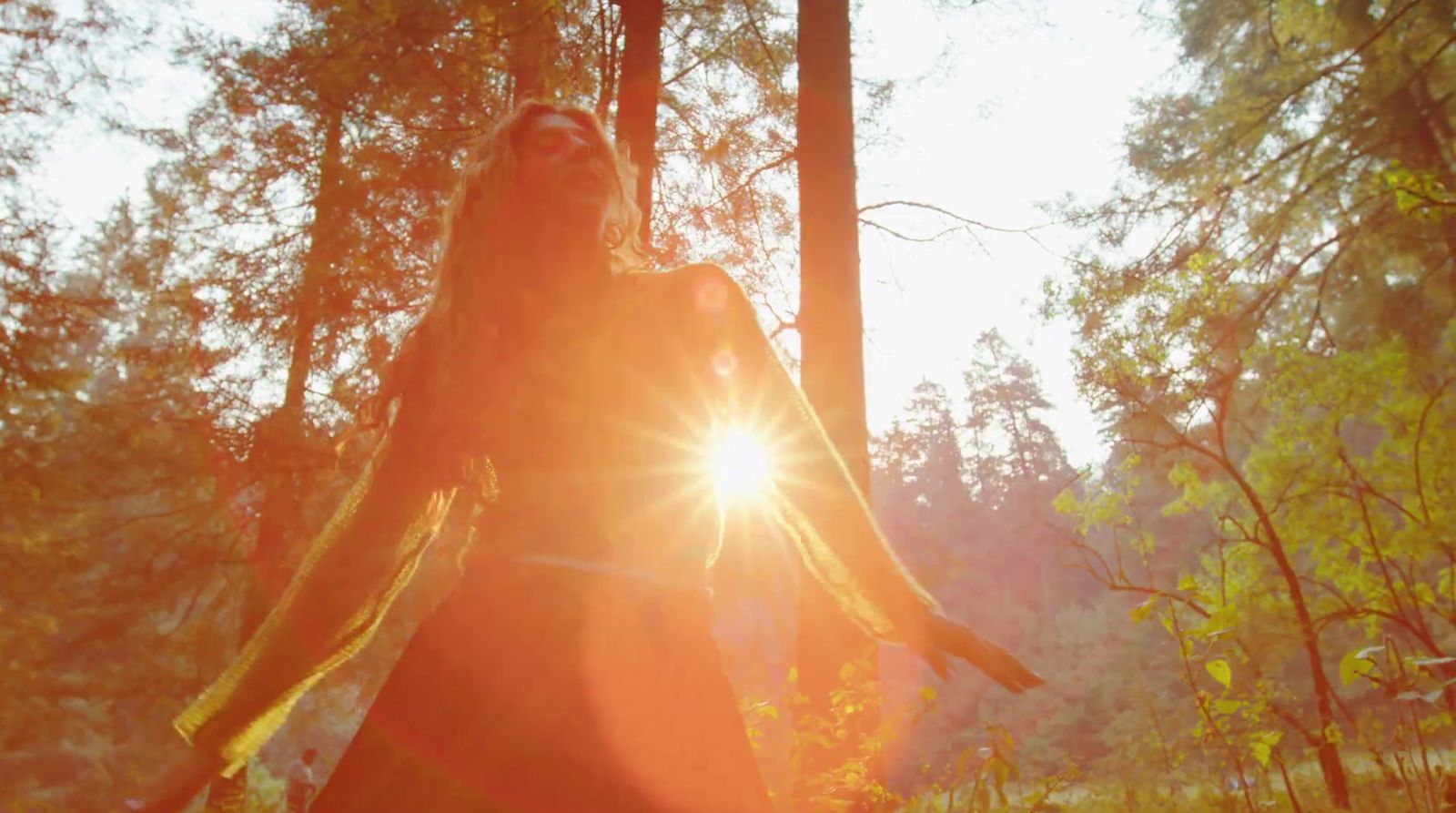 a woman standing in the sun in a forest