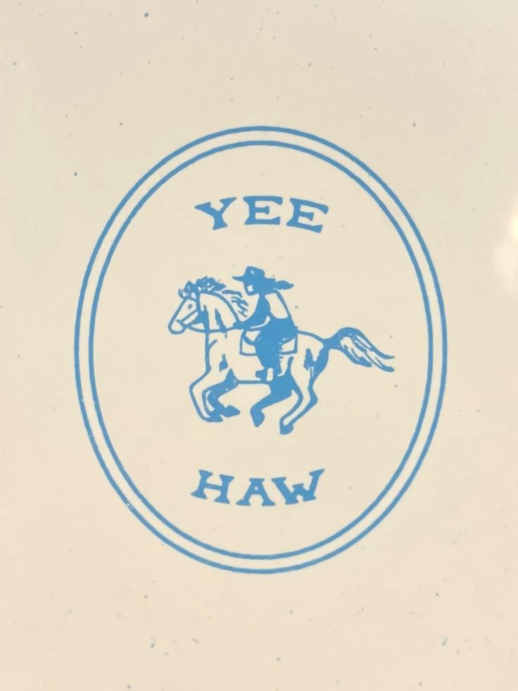 a blue and white plate with a picture of a horse and rider