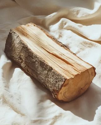 a piece of wood sitting on top of a white sheet