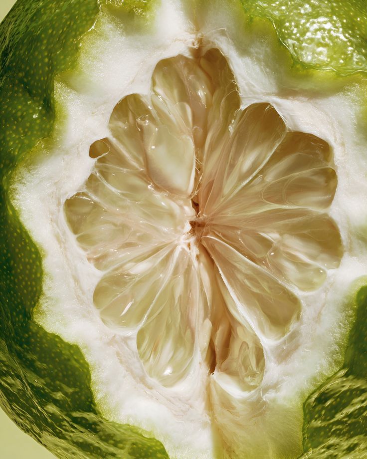 a close up of a green fruit with a white center