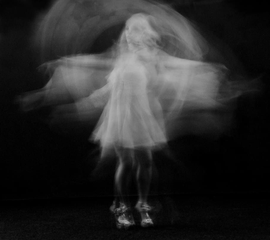 a blurry photo of a woman in a white dress