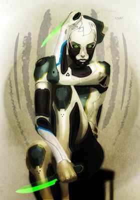 a digital painting of a woman in a futuristic suit