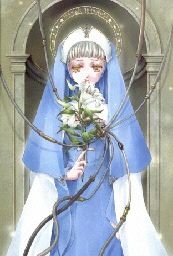 a painting of a nun holding a bouquet of flowers