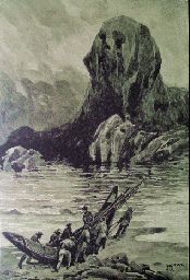 a drawing of a man in a boat in the water