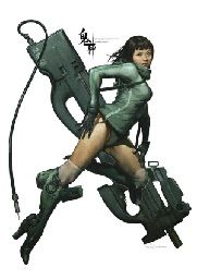 a woman in a green costume holding a gun