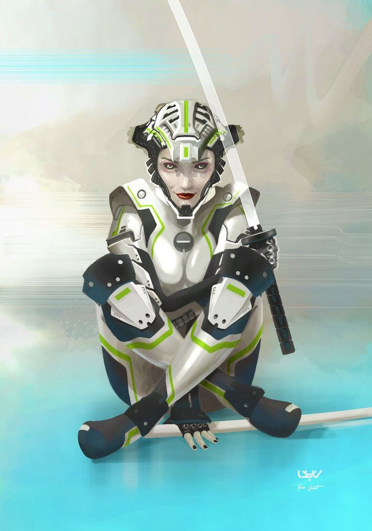 a woman in a futuristic suit holding a sword