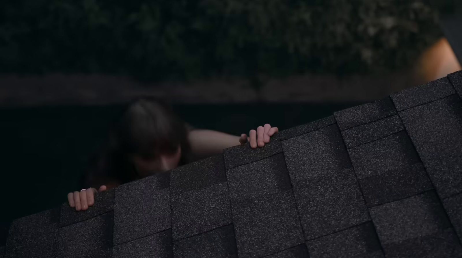 a woman standing on top of a roof next to a brick wall