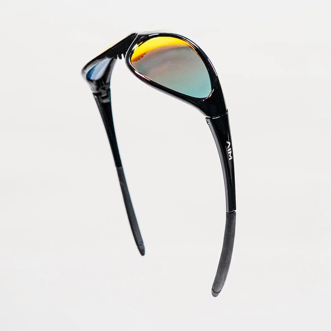 a pair of black sunglasses with a multi colored lens