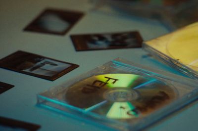 a close up of a cd on a table