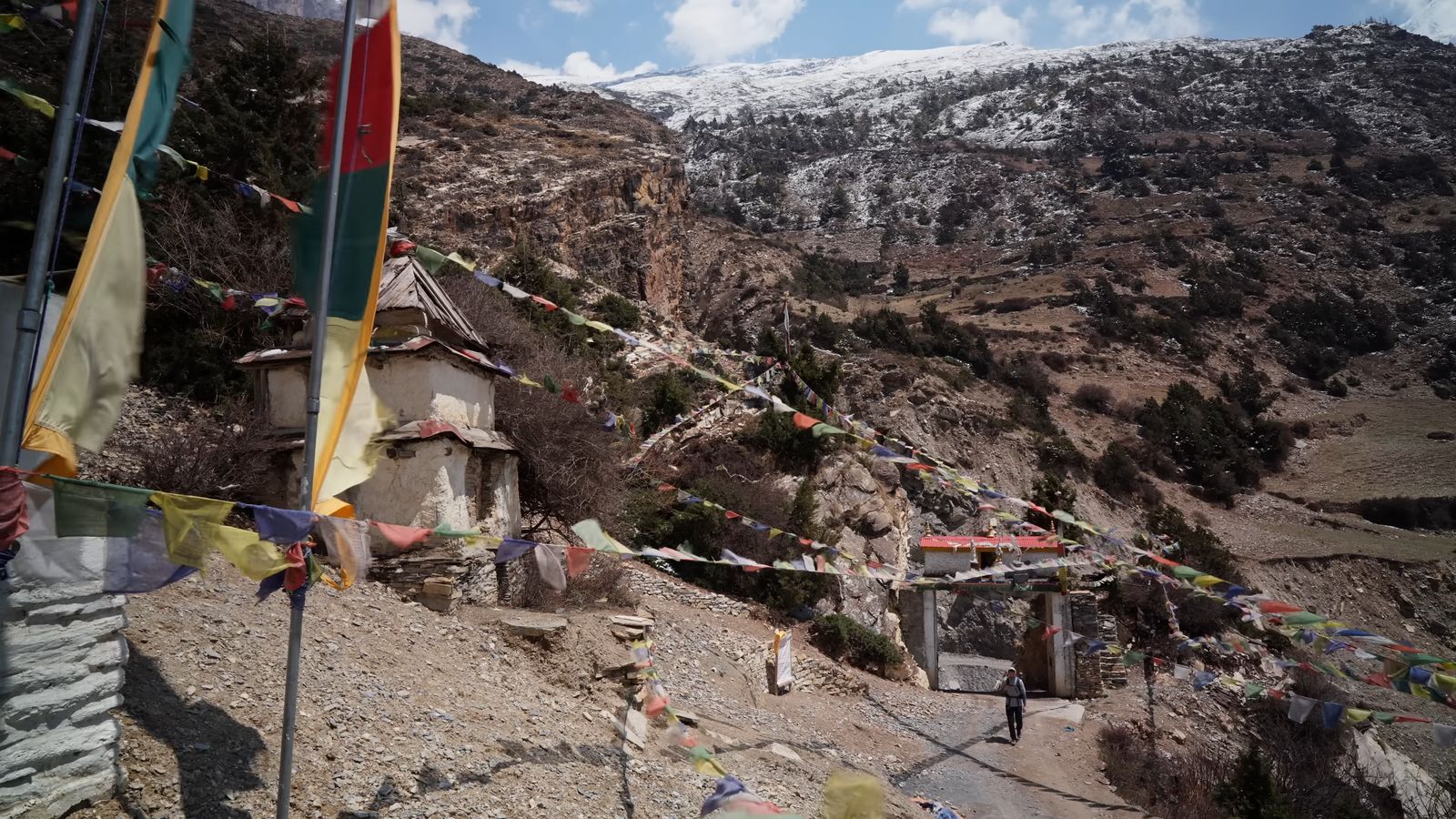 there are many flags on the mountain side