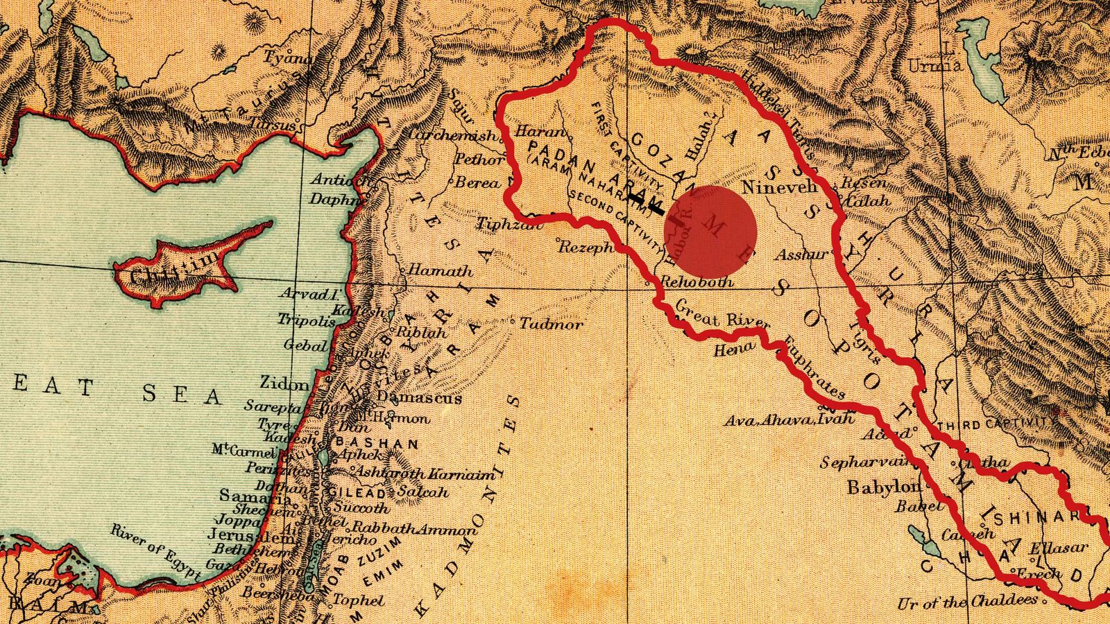 a map of the middle east with a red dot