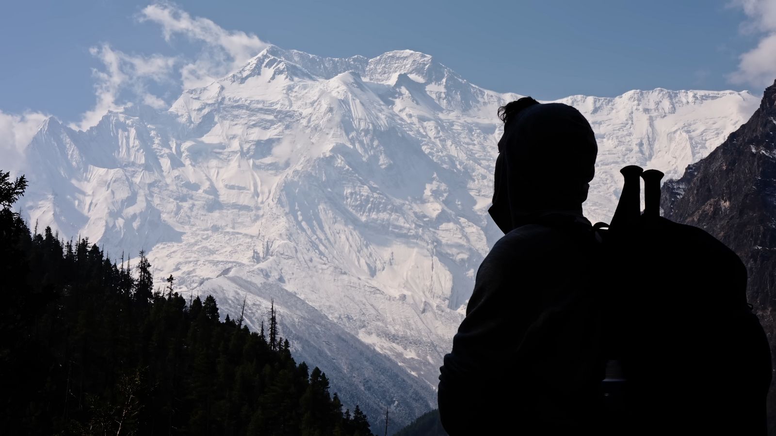 a person with a backpack standing in front of a mountain