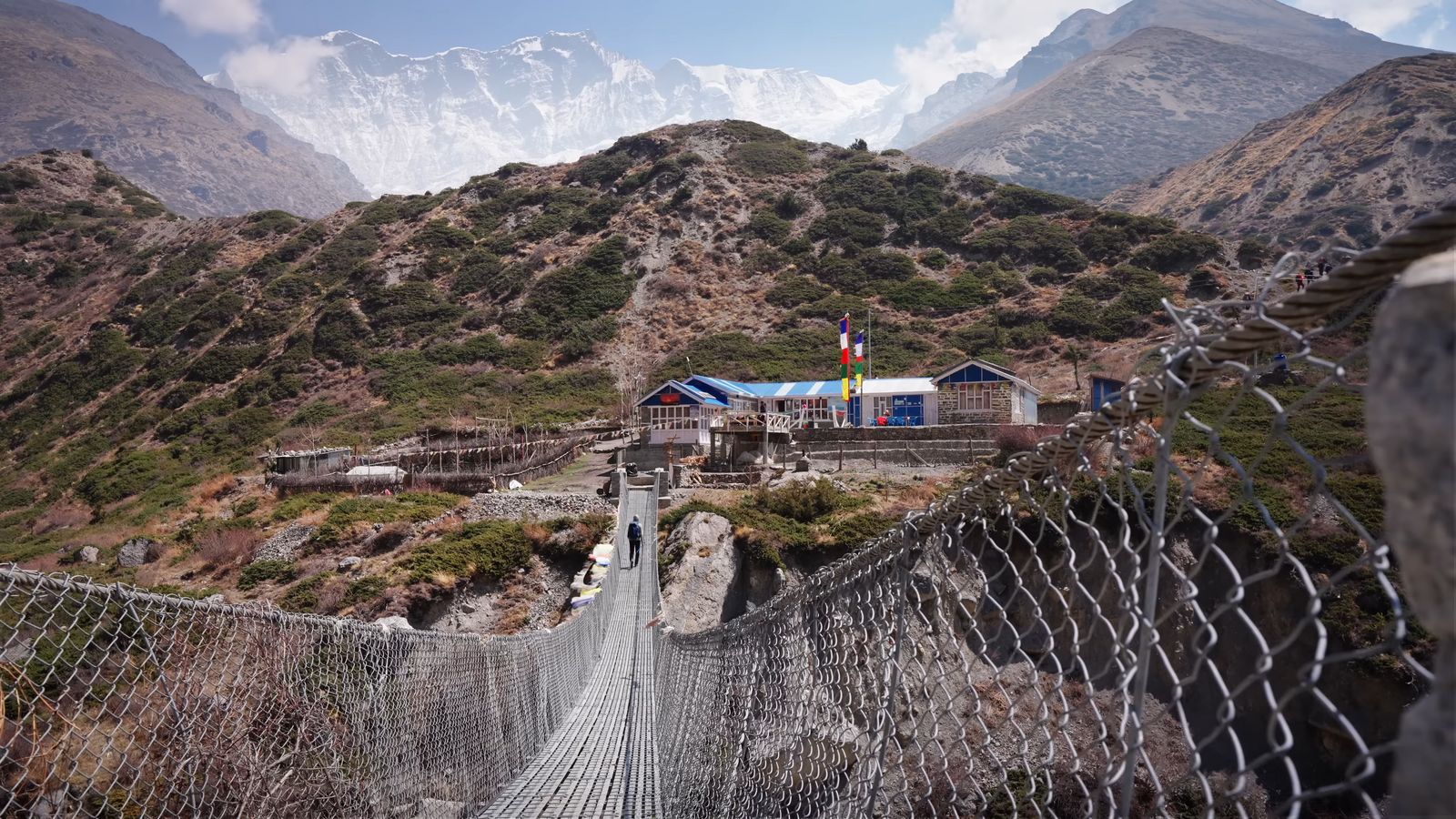 a suspension bridge with a mountain in the background