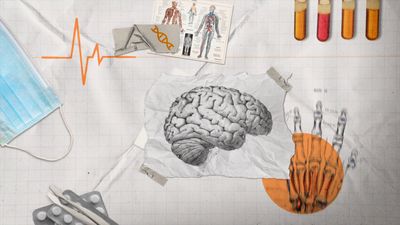 a drawing of a human brain surrounded by medical supplies